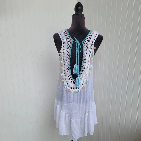 Cupshe Swim Coverup Dress One Size Boho Crochet Pom Pom Fringe Tassel White Blue - Picture 9 of 13